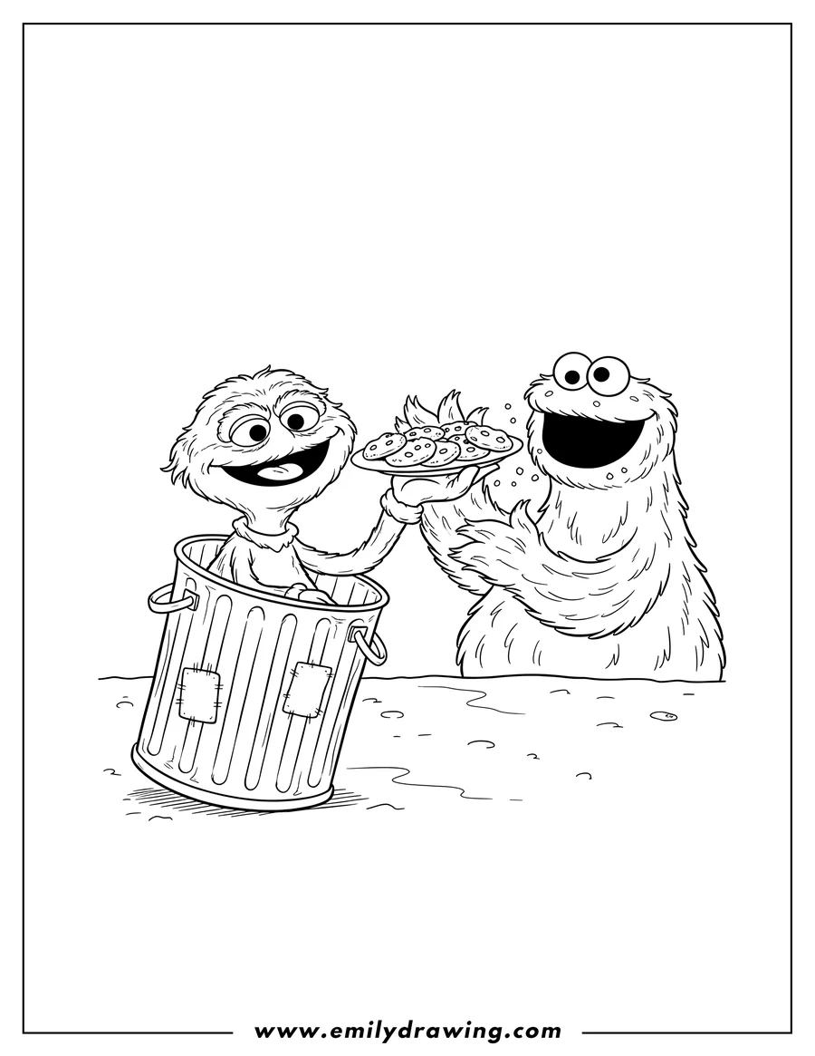 PDF style coloring page: detailed Oscar the Grouch in a trash can offering cookies to a happy Cookie Monster