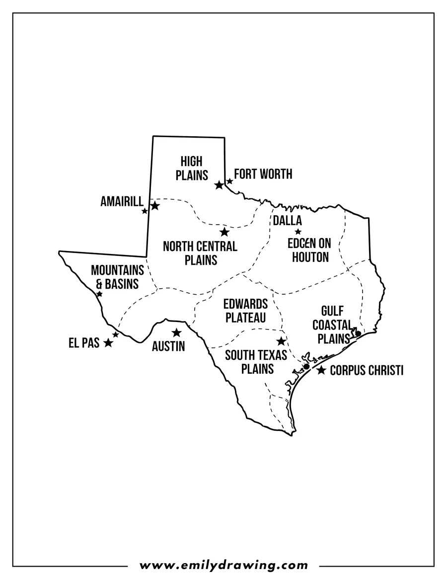 Full page coloring image of A detailed outline map of Texas with important cities and different regions labeled