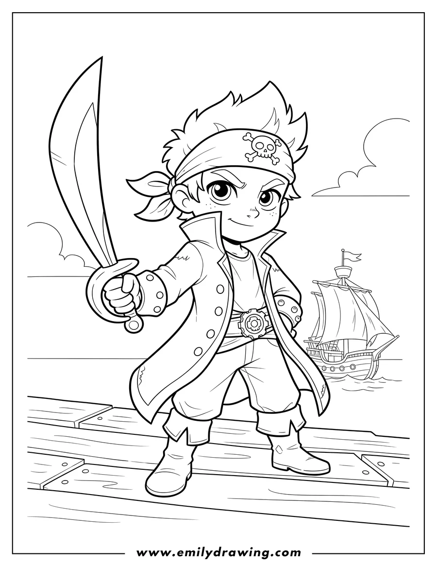 PDF style coloring page: detailed Outline Pirate Ekko holding a sword and standing on wooden planks