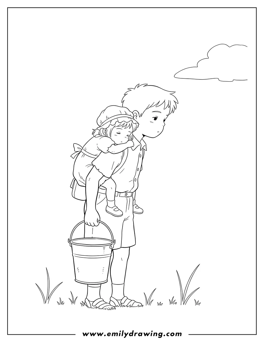 Printable coloring page of outline Seita and Setsuko from Grave of the Fireflies, with Seita carrying Setsuko on his back and a bucket