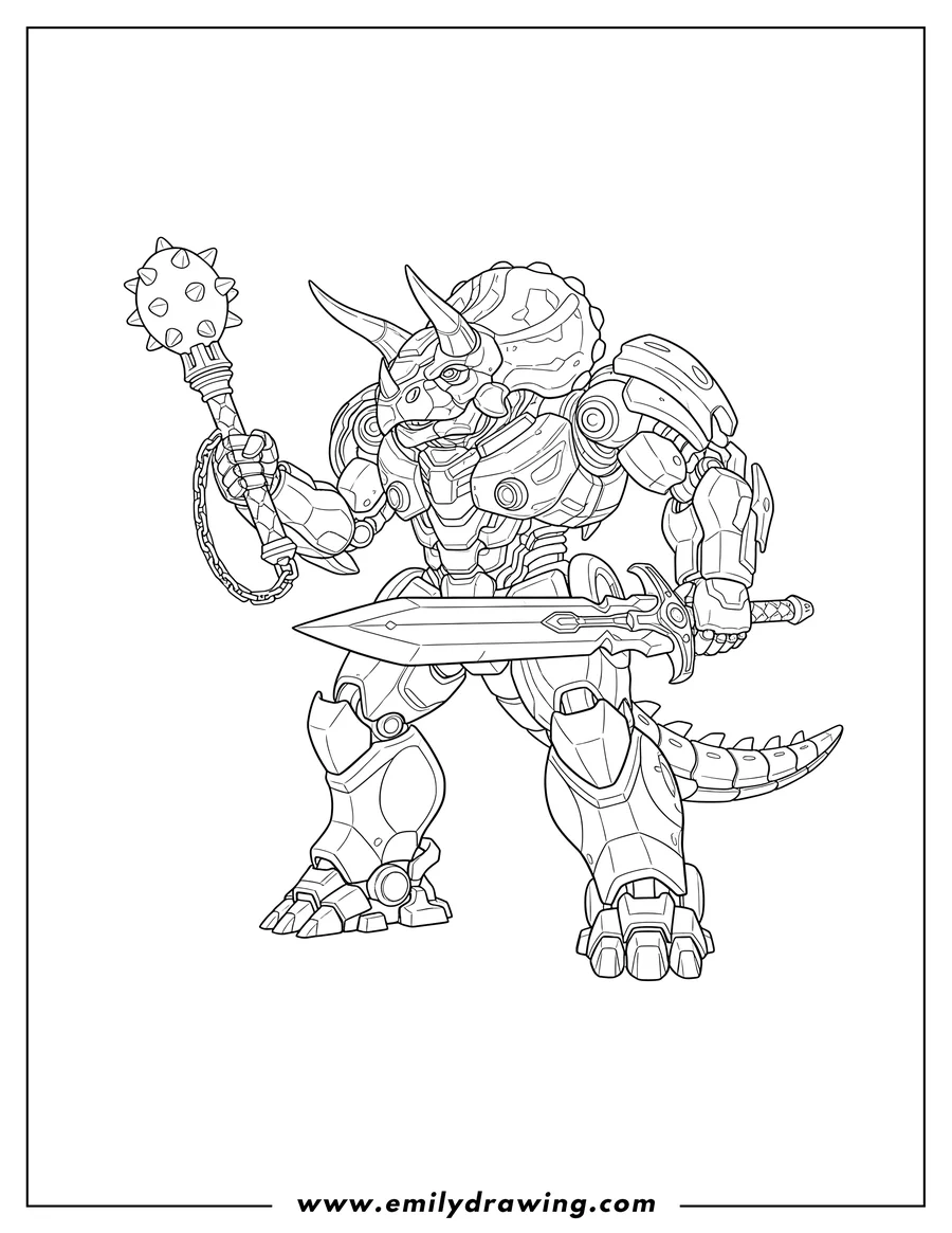 Full page coloring image of outline Slug From Transformers Age Extinction holding a mace and a sword