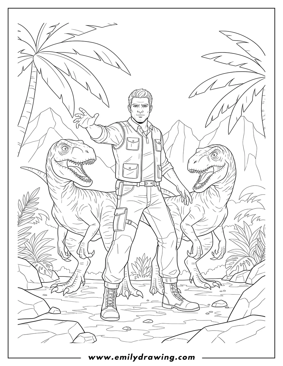 Vector style outline of jurassic Park Movies: Owen Grady controlling two raptors