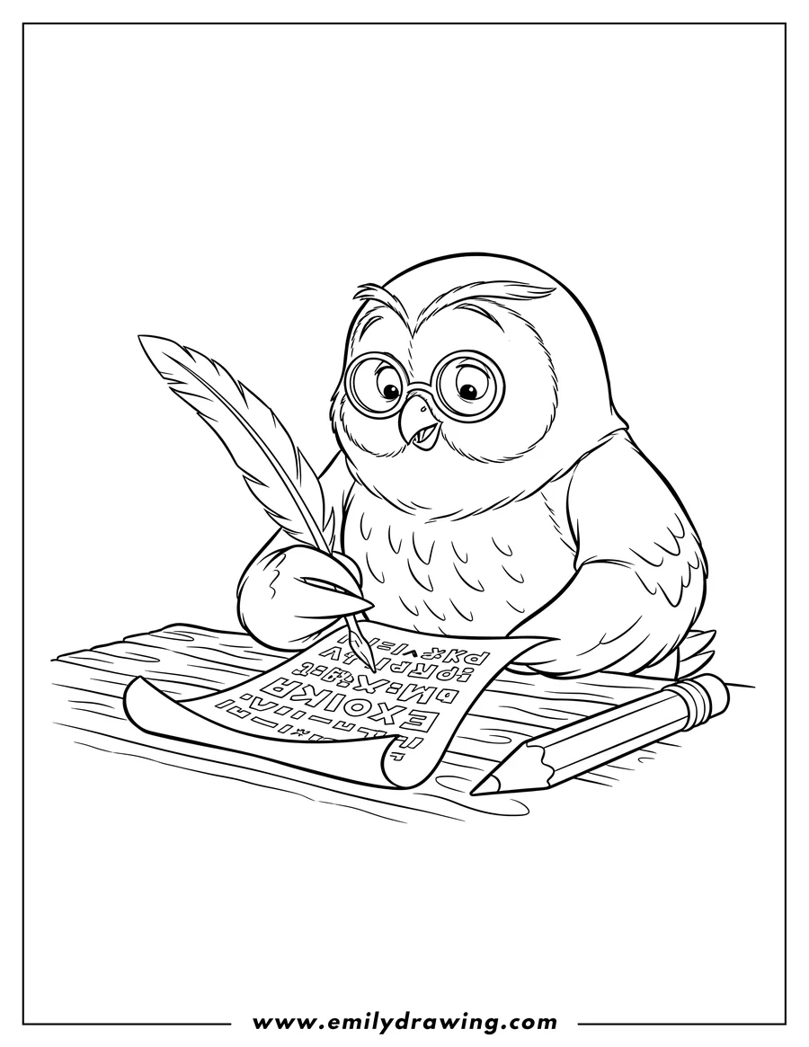 Printable coloring page of owl From Winnie Pooh Scaled writing on a scroll with a pencil