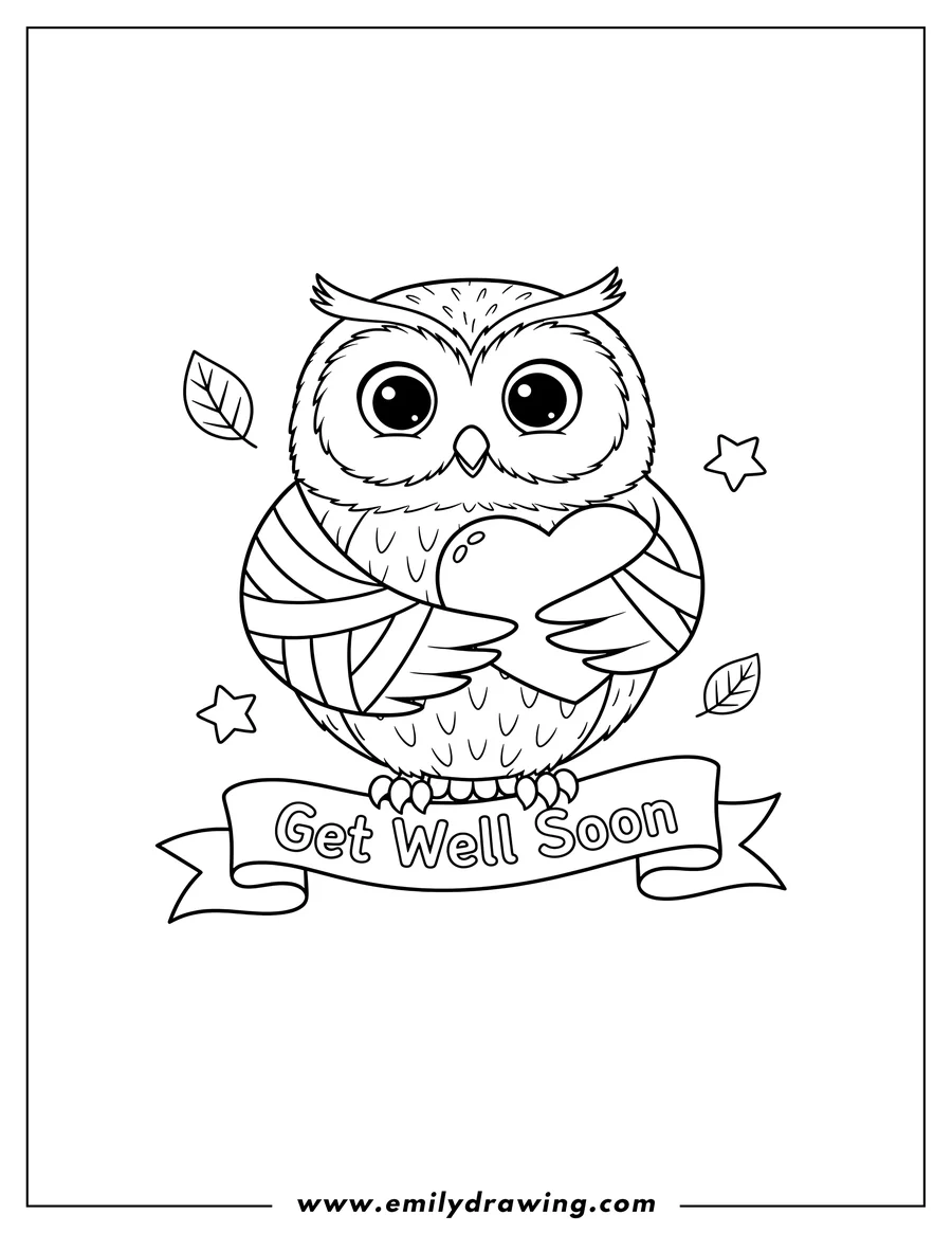 Clean line drawing: owl with a bandaged wing, holding a heart, and a 'Get Well Soon' banner