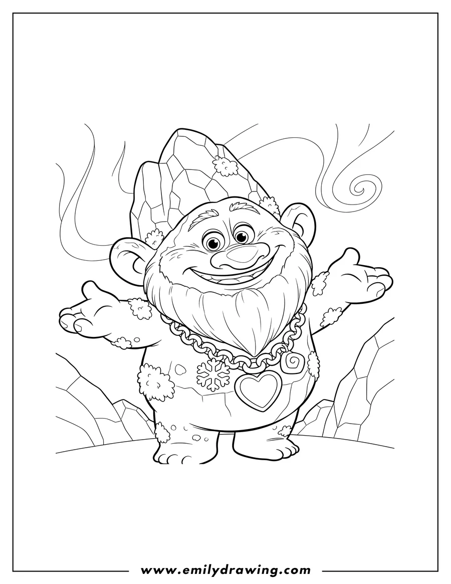 Clean line drawing: pabbie Troll From Frozen To Color, smiling and wearing a charm necklace