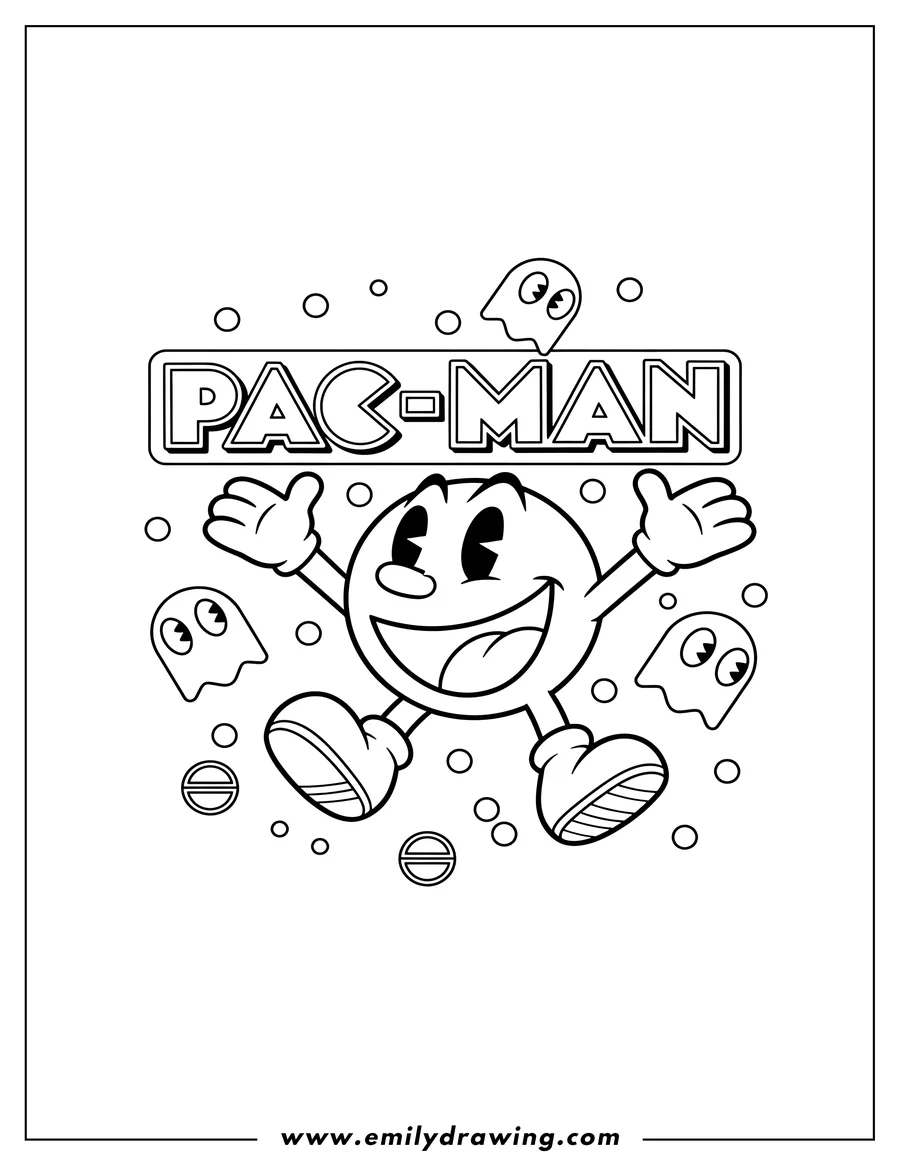 Free printable coloring sheet of detailed Pac Man cheering with outstretched arms, with PAC-MAN logo and Ghost Icons Background Poster