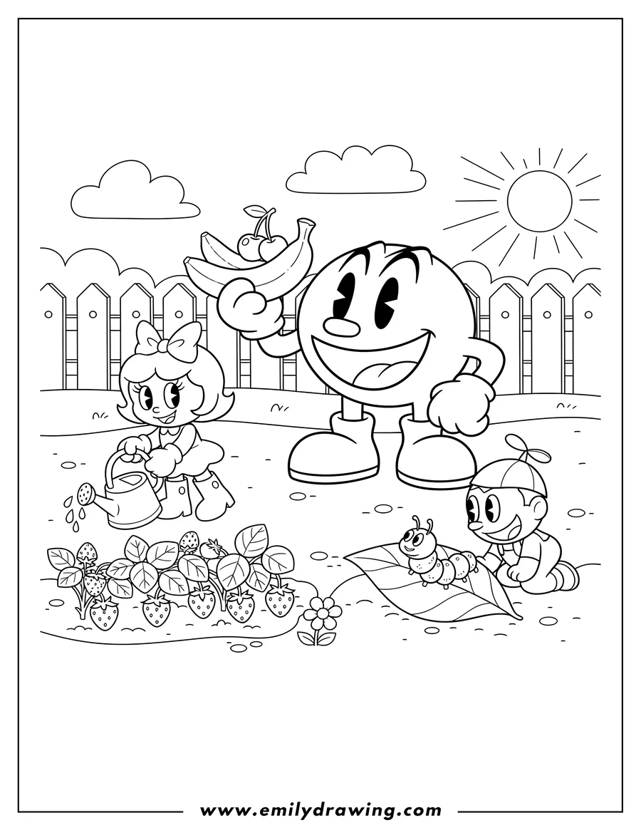 High quality printable pac Man holding fruit, Mrs. Pac Man watering strawberries, and Baby Pac Man looking at a caterpillar in a garden for coloring