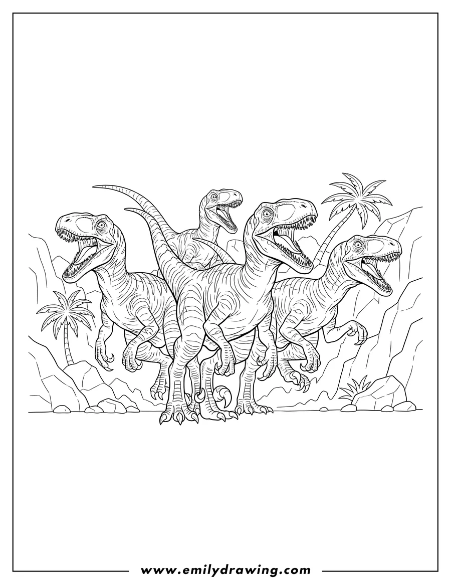 Coloring sheet featuring pack Velociraptors Scaled, four running and roaring