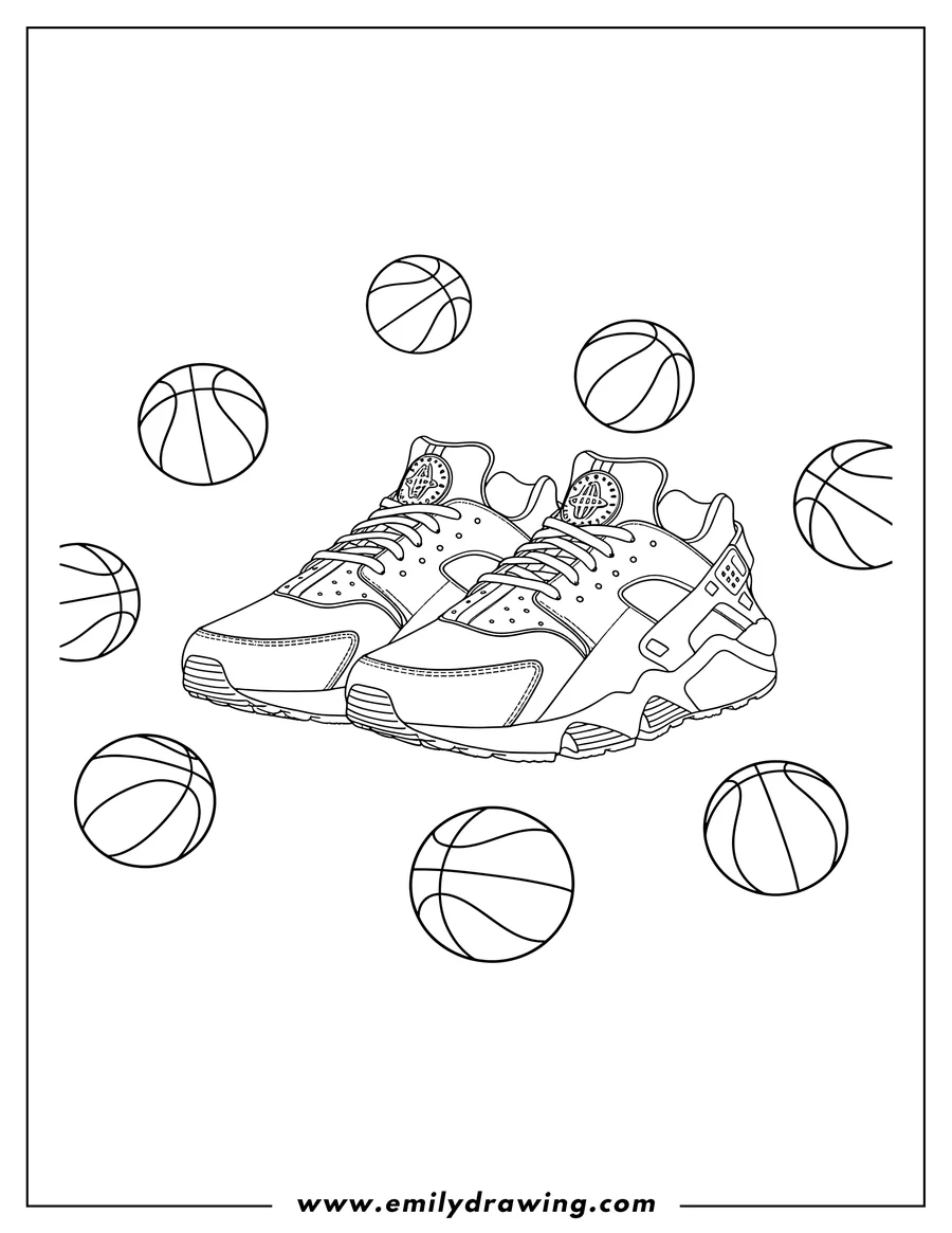 Full page coloring image of A pair of Nike Air Huarache sneakers side by side, with scattered basketballs