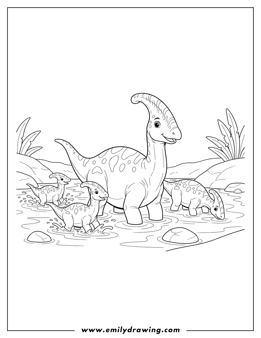 Free printable coloring sheet of parasaurolophus Pack Wading Together
