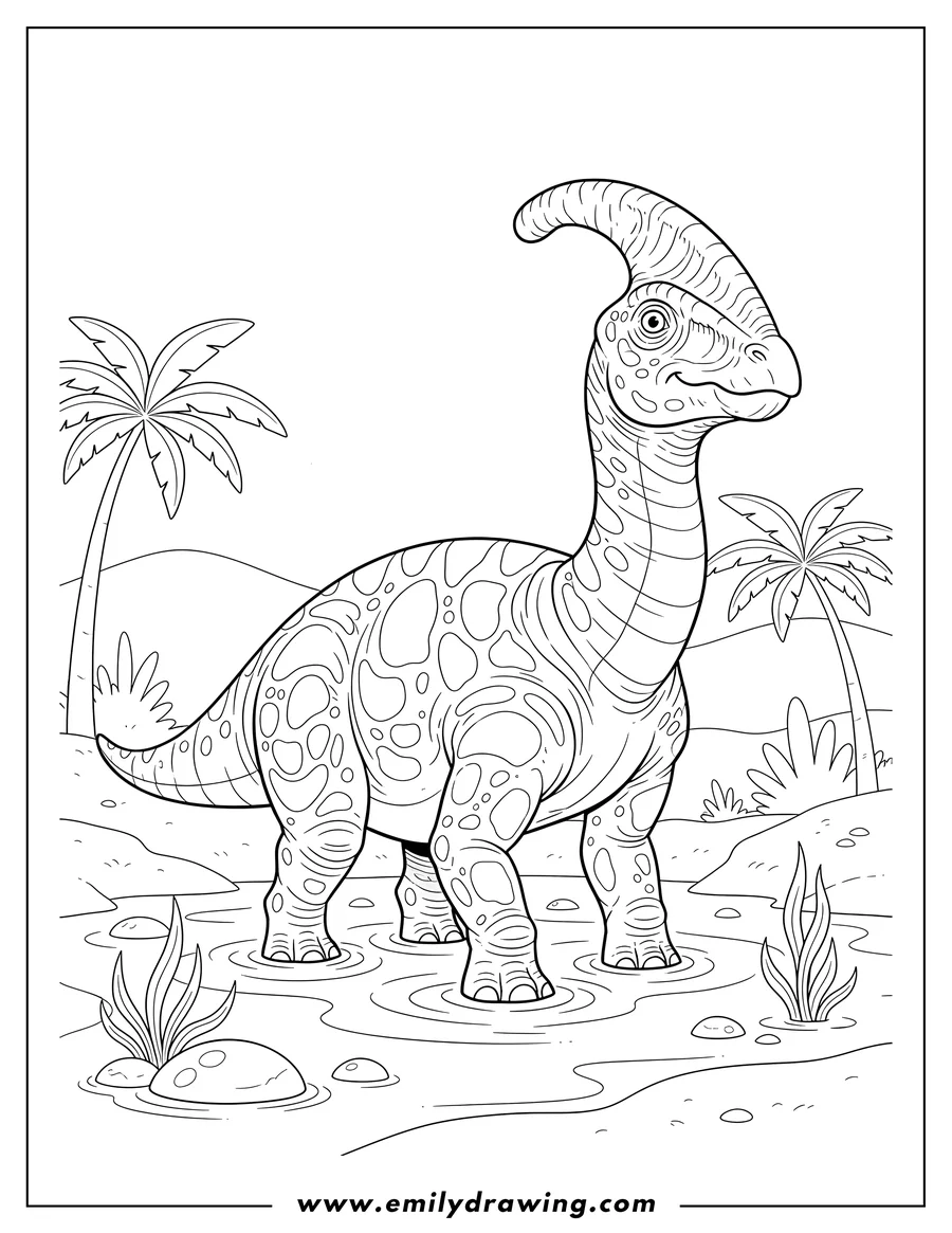 Vector style outline of detailed Parasaurolophus standing in shallow water
