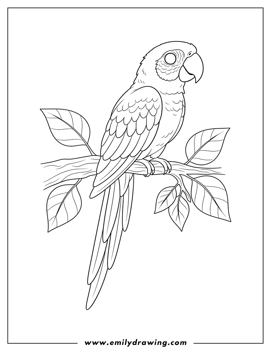 Coloring page for kids: detailed Parrot Sitting On Branch, head tilted, with a long tail