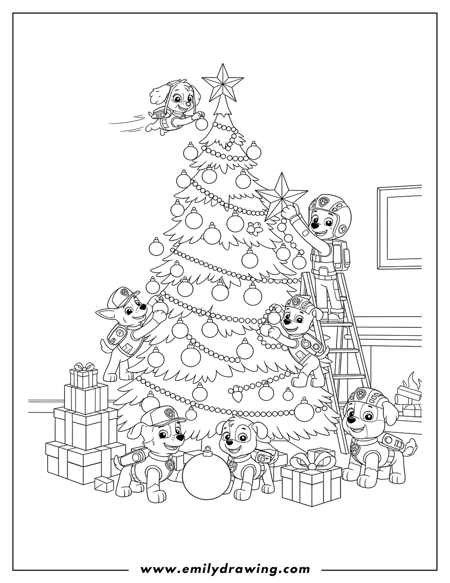 Full page coloring image of paw Patrol pups and Ryder decorating a Christmas tree, surrounded by presents, to color scaled