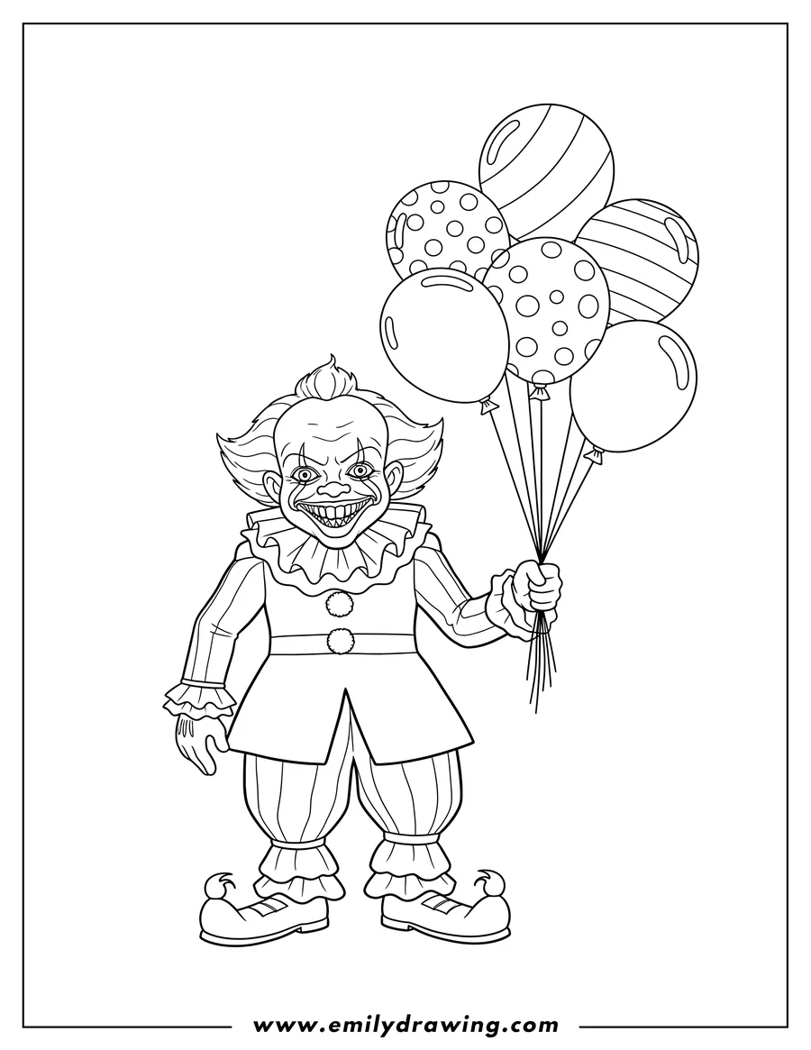 Doodle style coloring picture of detailed Pennywise, holding balloons and smiling widely
