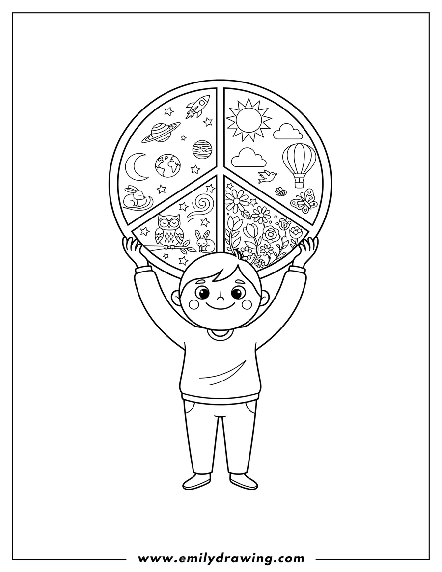 Black and white line art of person holding a peace sign divided into sections featuring space, day, night, and flowers