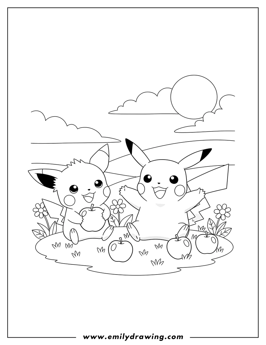 PDF style coloring page: pichu holding an apple and a smiling Pikachu with apples on the ground