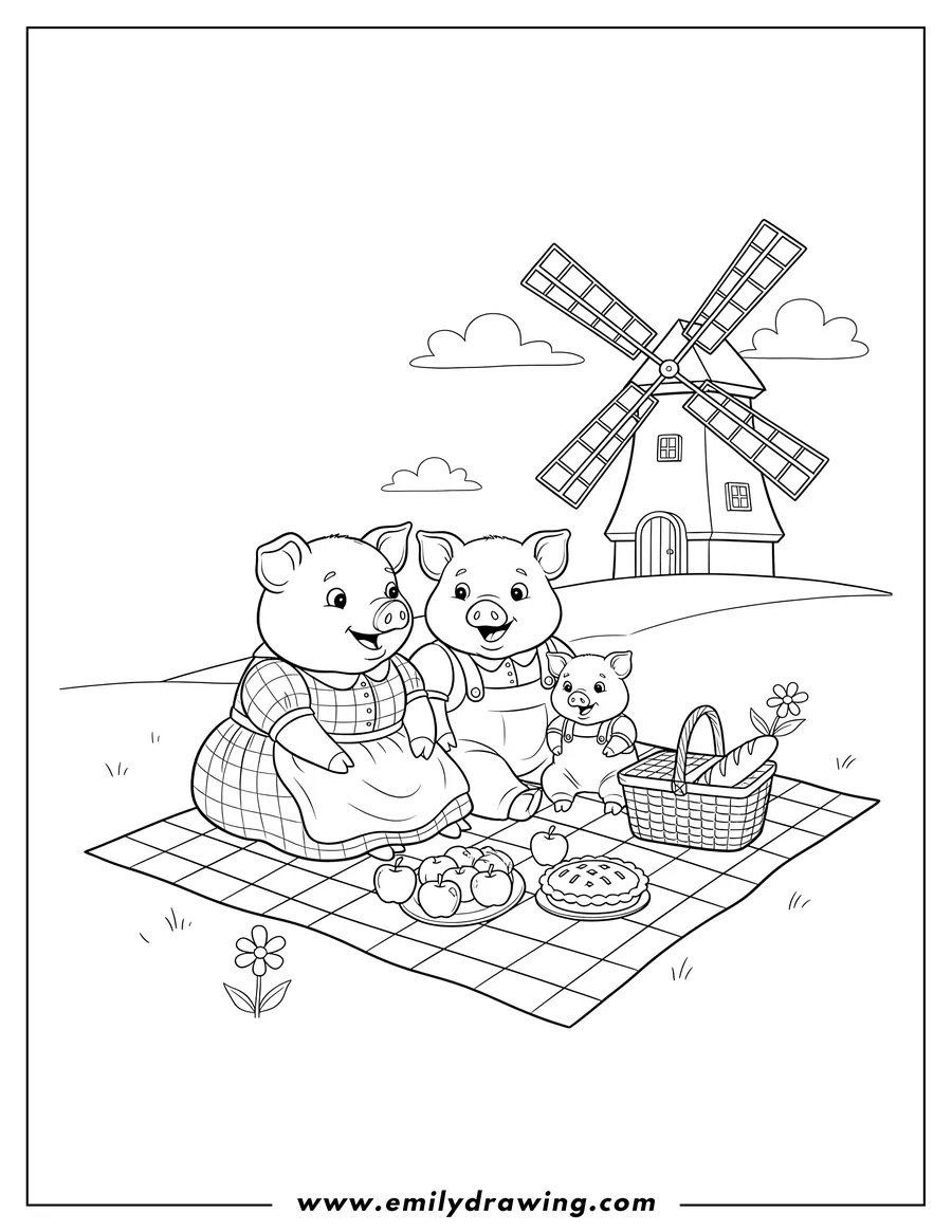 Simple sketch of two adult pigs and a baby pig having a picnic on a checkered blanket with a basket and food by a windmill to color