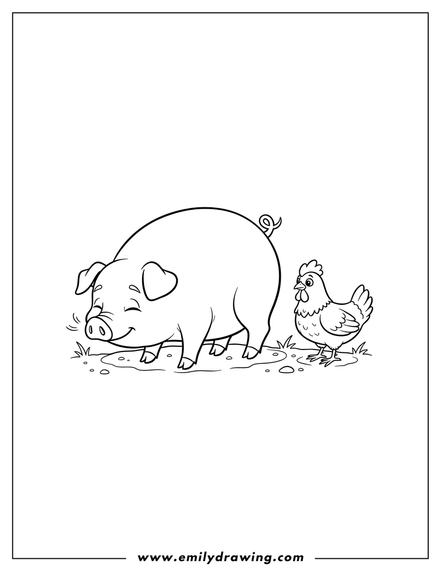 Free printable coloring sheet of detailed Pig sniffing the ground and Chicken standing nearby