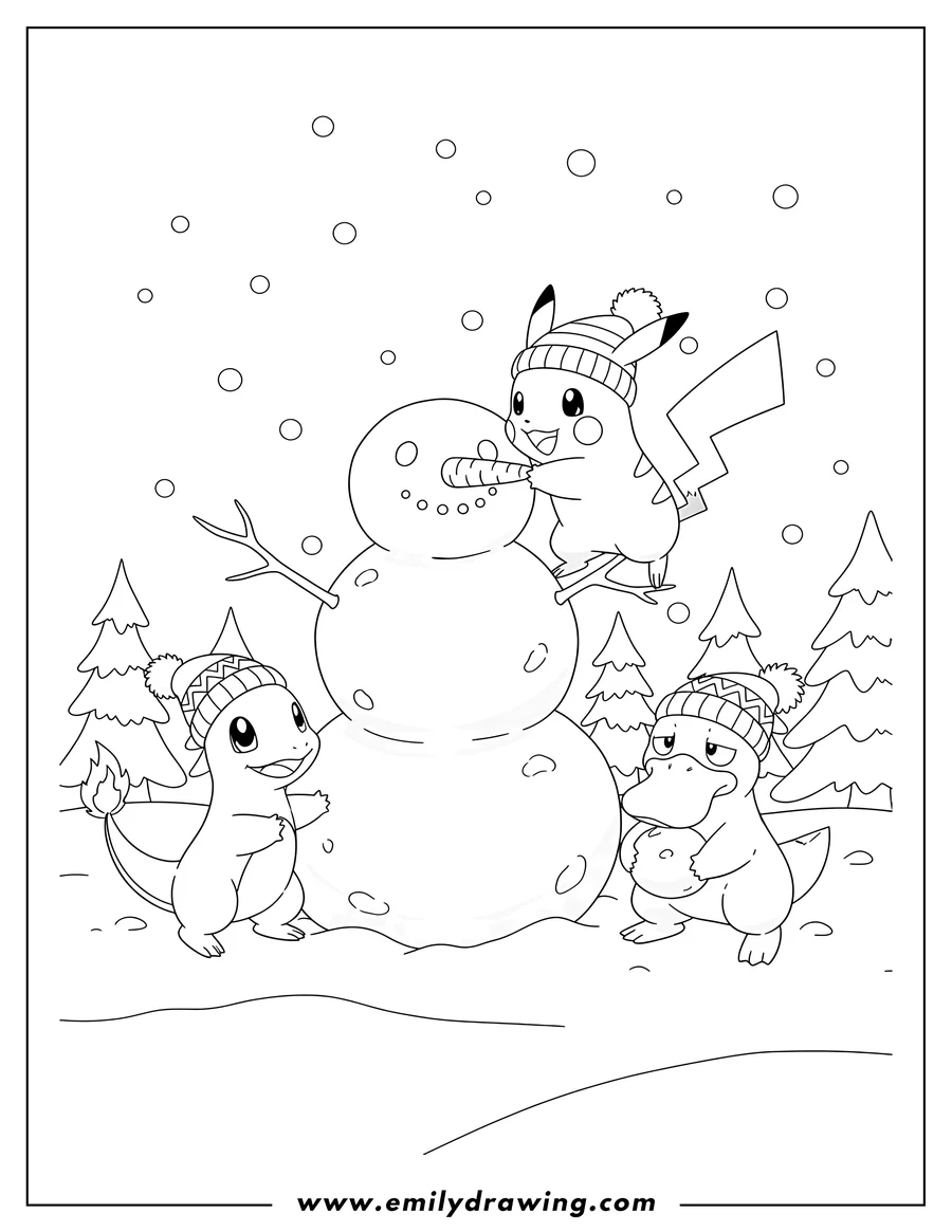 Coloring page for kids: pikachu, Charmander, and Psyduck wearing winter hats making a snowman, with Pikachu placing the carrot nose