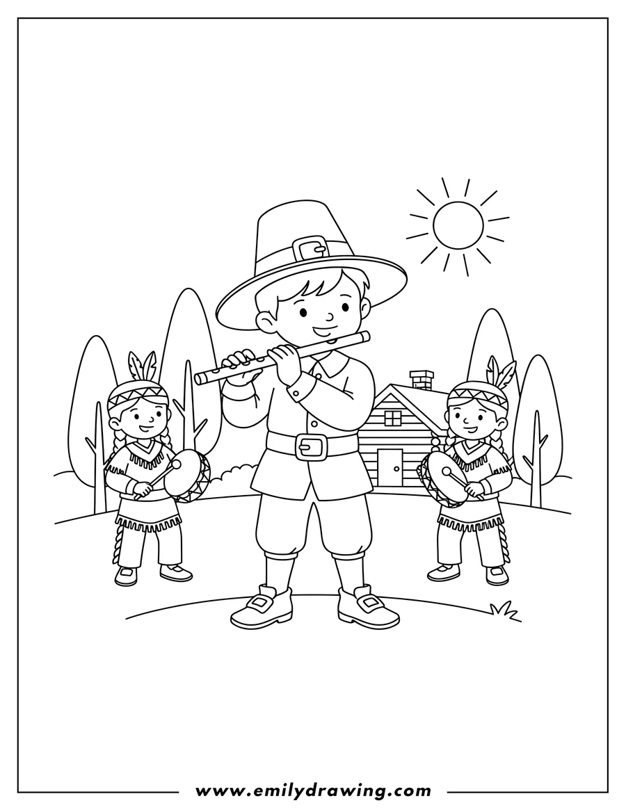 Outline drawing of pilgrim child playing flute and two Native American children playing drums
