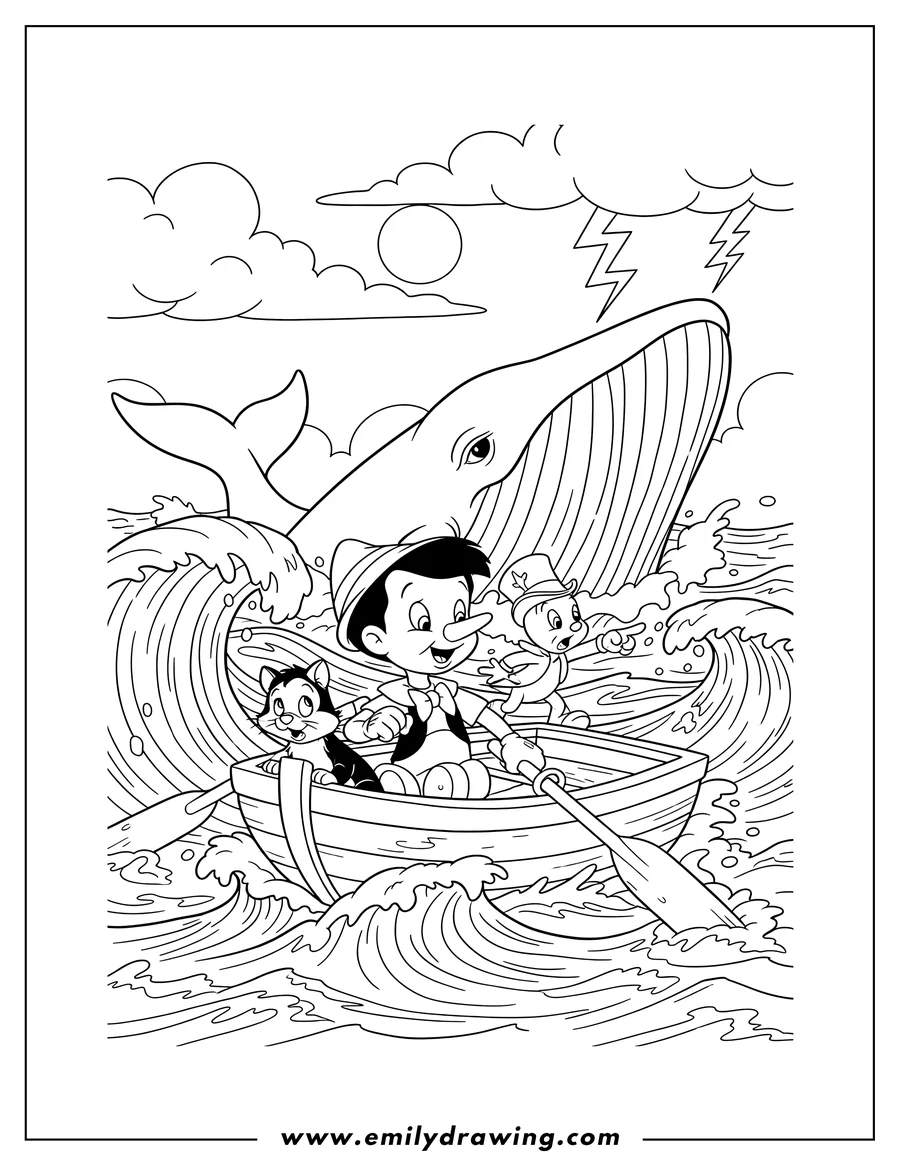 Coloring sheet featuring pinocchio, Jiminy, and Figaro rowing a boat away from a whale in stormy seas