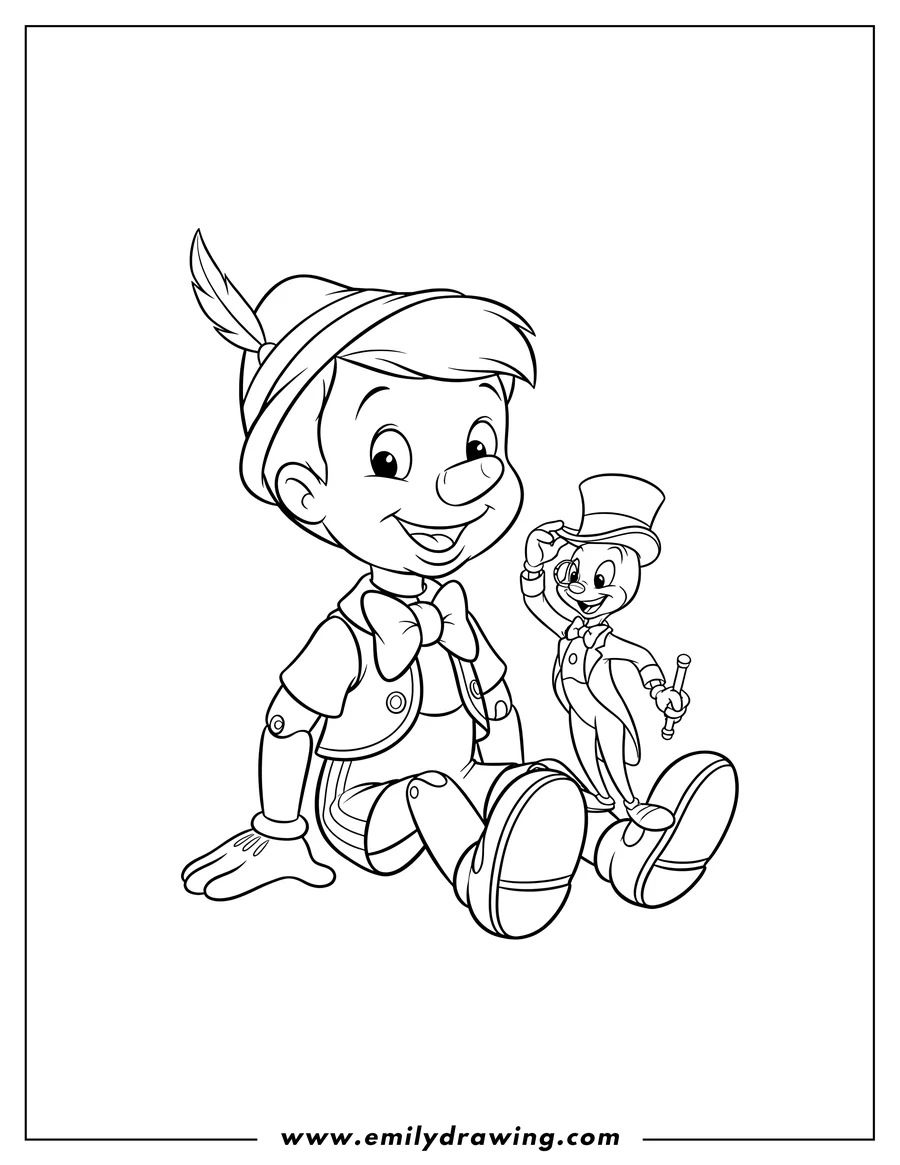 Downloadable coloring page of detailed Pinocchio sitting and smiling, with Jiminy Cricket standing on his leg