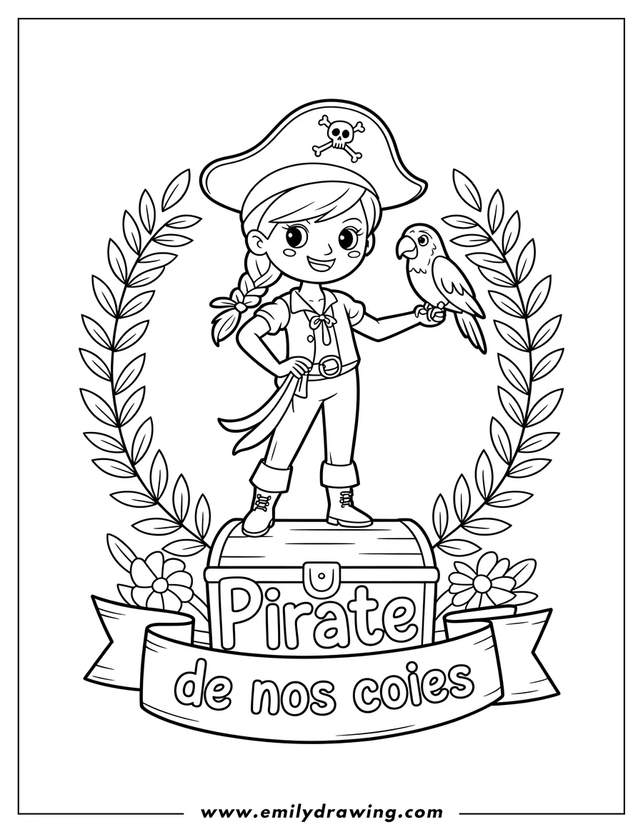 Full page coloring image of pirate Girl