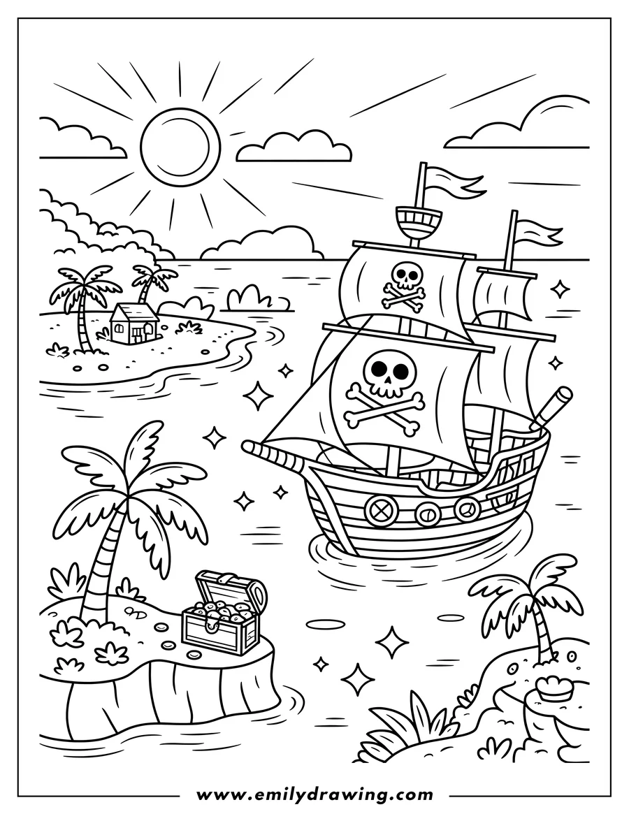 Coloring sheet featuring pirate Ship