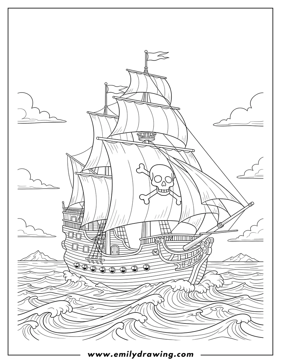Doodle style coloring picture of detailed Pirate Ship Scaled, with skull and crossbones on its sail, sailing on the ocean