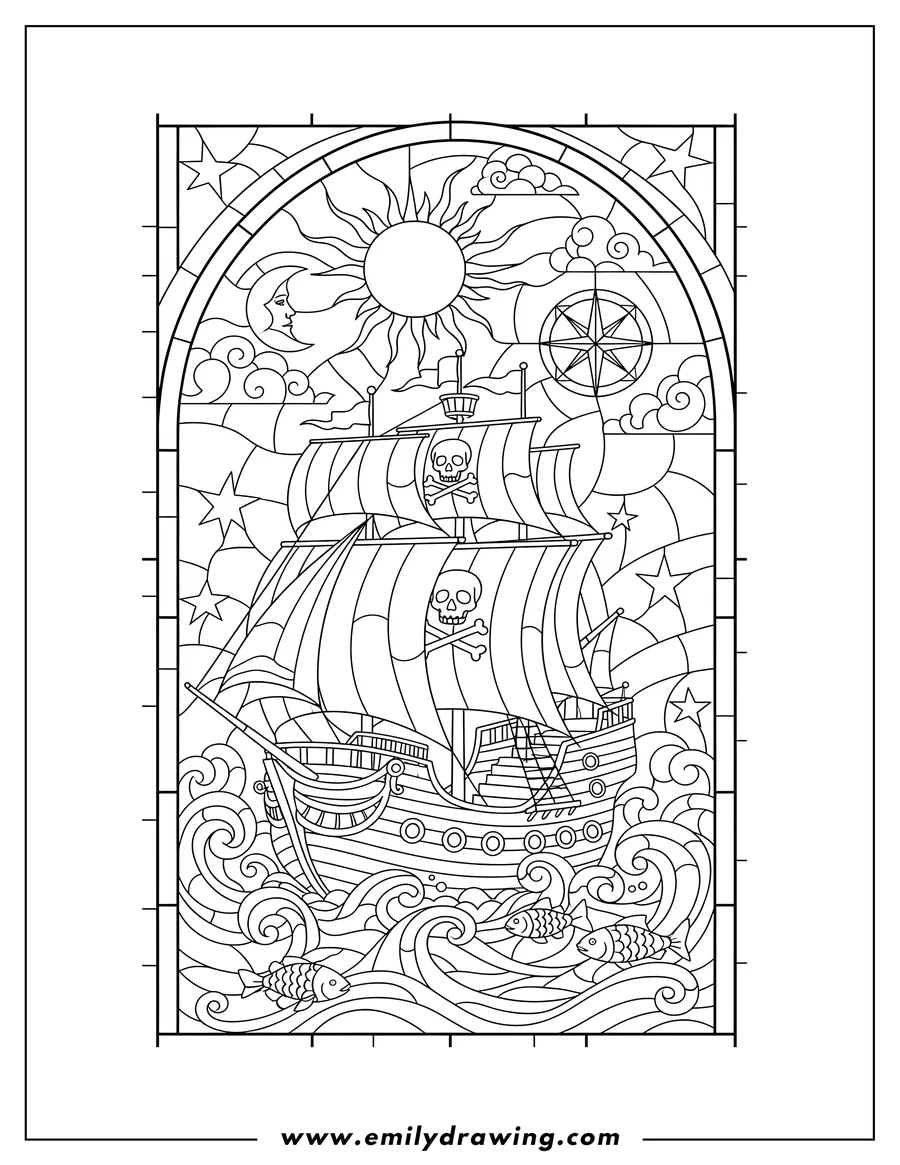 Downloadable coloring page of detailed Pirate Ship Stained Glass with sails and skull and crossbones