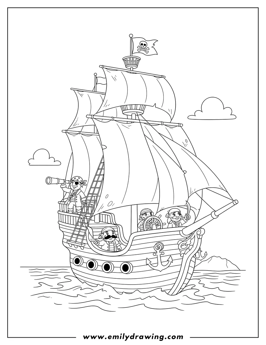 Vector style outline of detailed Pirate Ship To Color Scaled, with pirates, one looking through a telescope, and a pirate flag