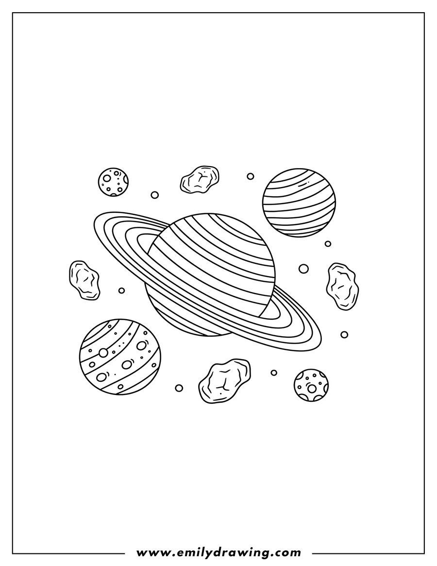 Black and white line art of planets of various sizes, including a ringed planet and a striped planet, with asteroids in space
