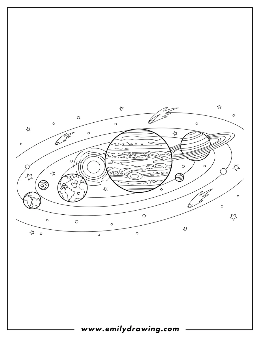 Coloring page of detailed Planets Solar System Scaled, showing Earth, striped Jupiter, and ringed Saturn