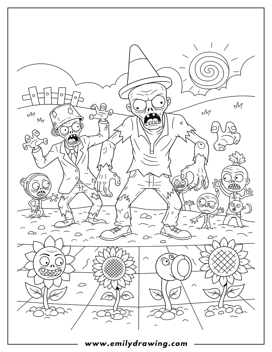 Simple sketch of detailed Plants Vs Zombies with a group of diverse zombies advancing and emerging from the ground to color