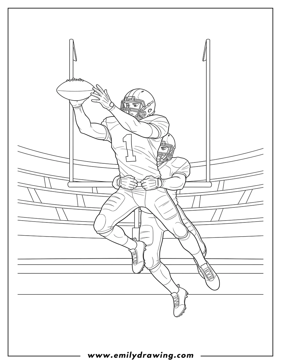 Doodle style coloring picture of detailed Nfl Player jumping to catch a football, being tackled by an opponent