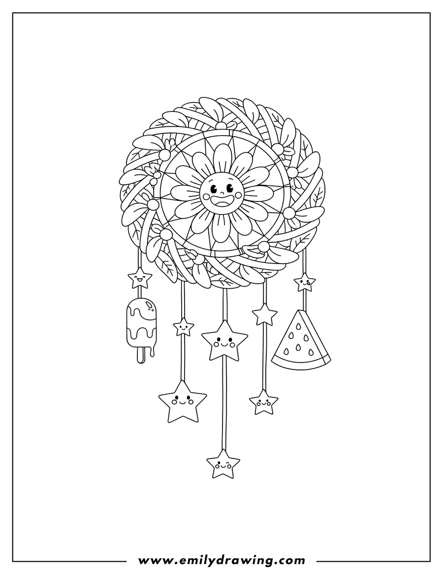 High quality printable playful Daisy Dreamcatcher adorned with a popsicle, watermelon slice, smiling daisy, and star charms for coloring