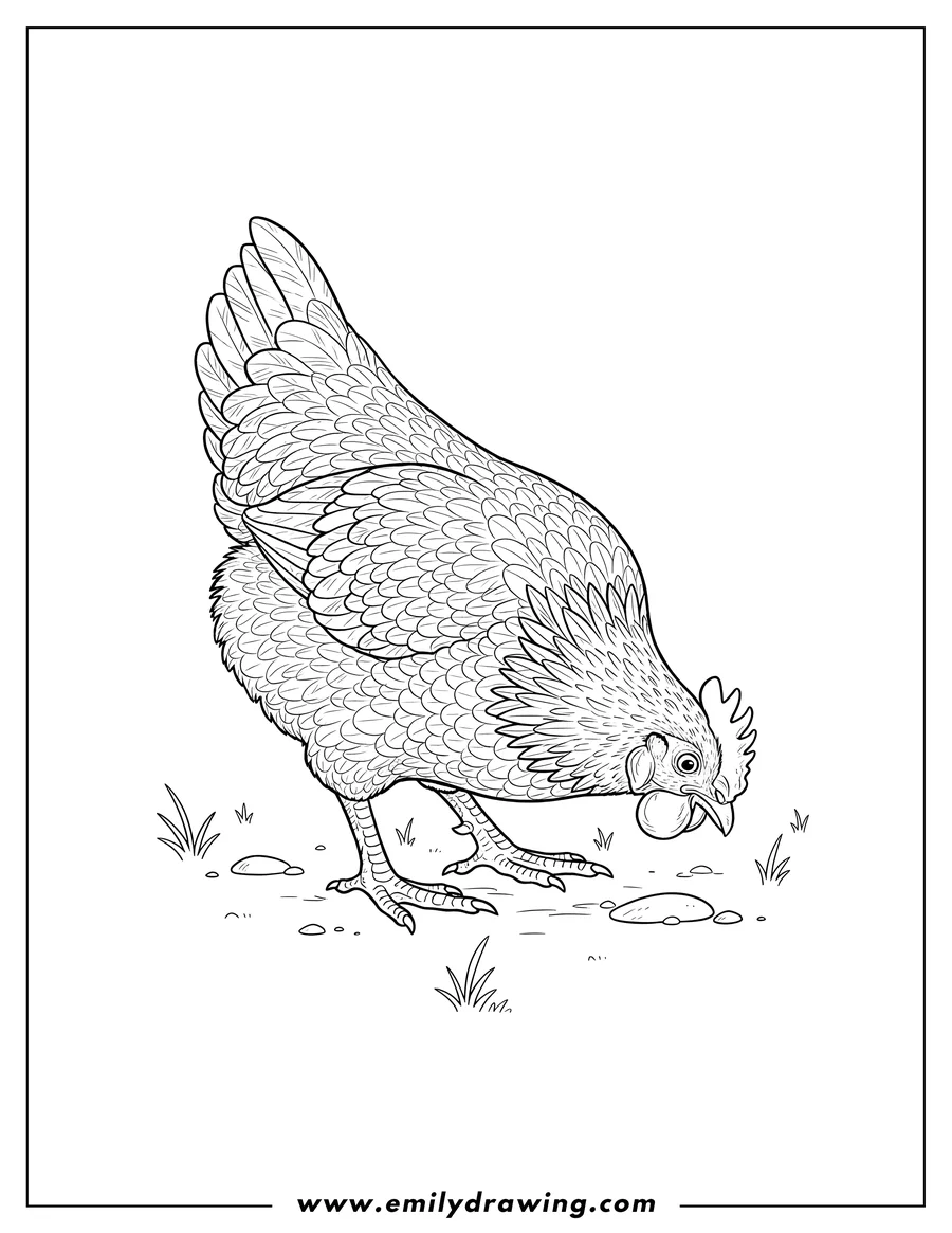 Doodle style coloring picture of plymouth Rock Chicken Scaled pecking at the ground