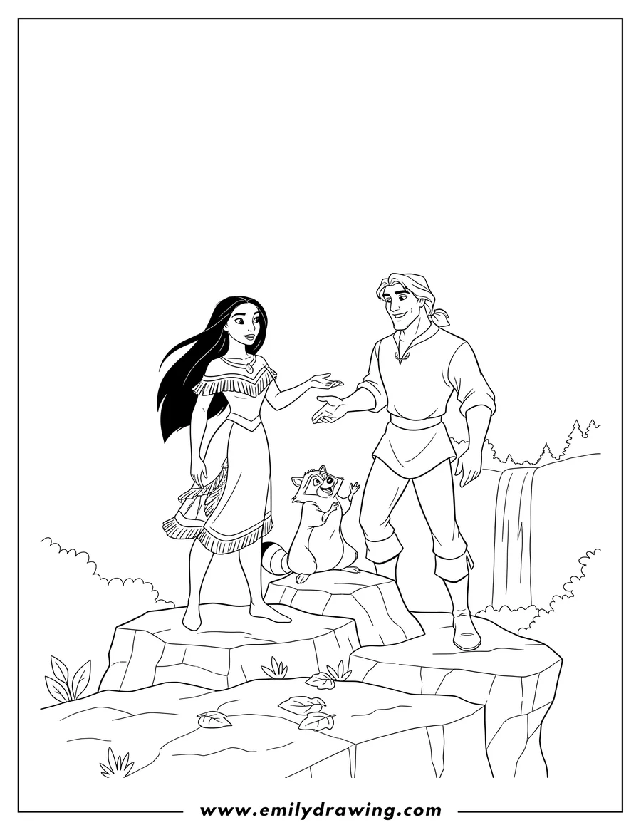 Vector style outline of pocahontas and John Smith with Meeko, standing on rocks