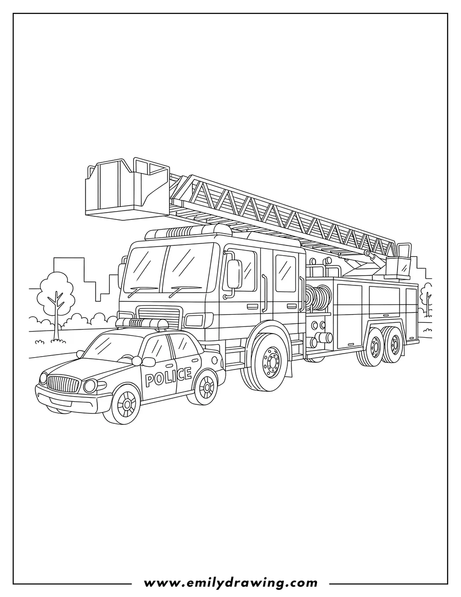 Black and white line art of police car with 'POLICE' on its side parked beside a massive ladder fire truck