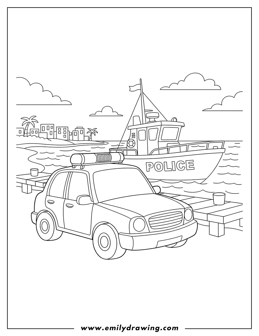 Downloadable coloring page of police car with a light bar parked on a port beside a police boat with POLICE written on its side