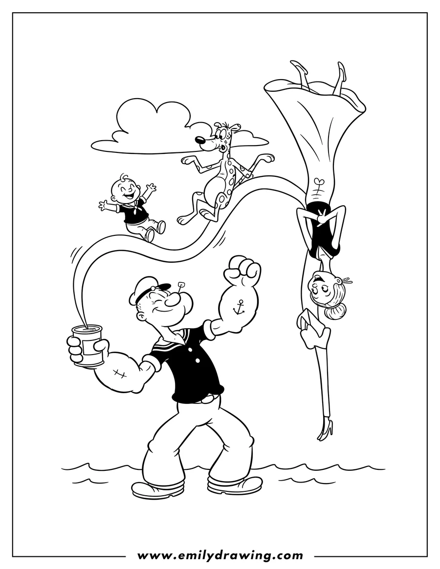 Coloring page of popeye juggling Swee Pea, Eugene, and Olive Oyl upside down by a stretched arm, holding a can of spinach