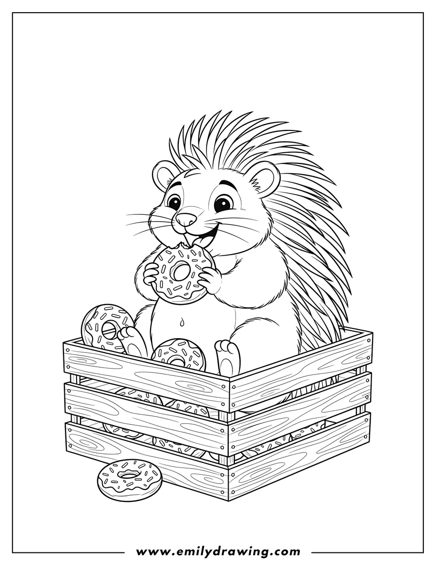 Outline drawing of porcupine happily eating donut-shaped snacks in a crate