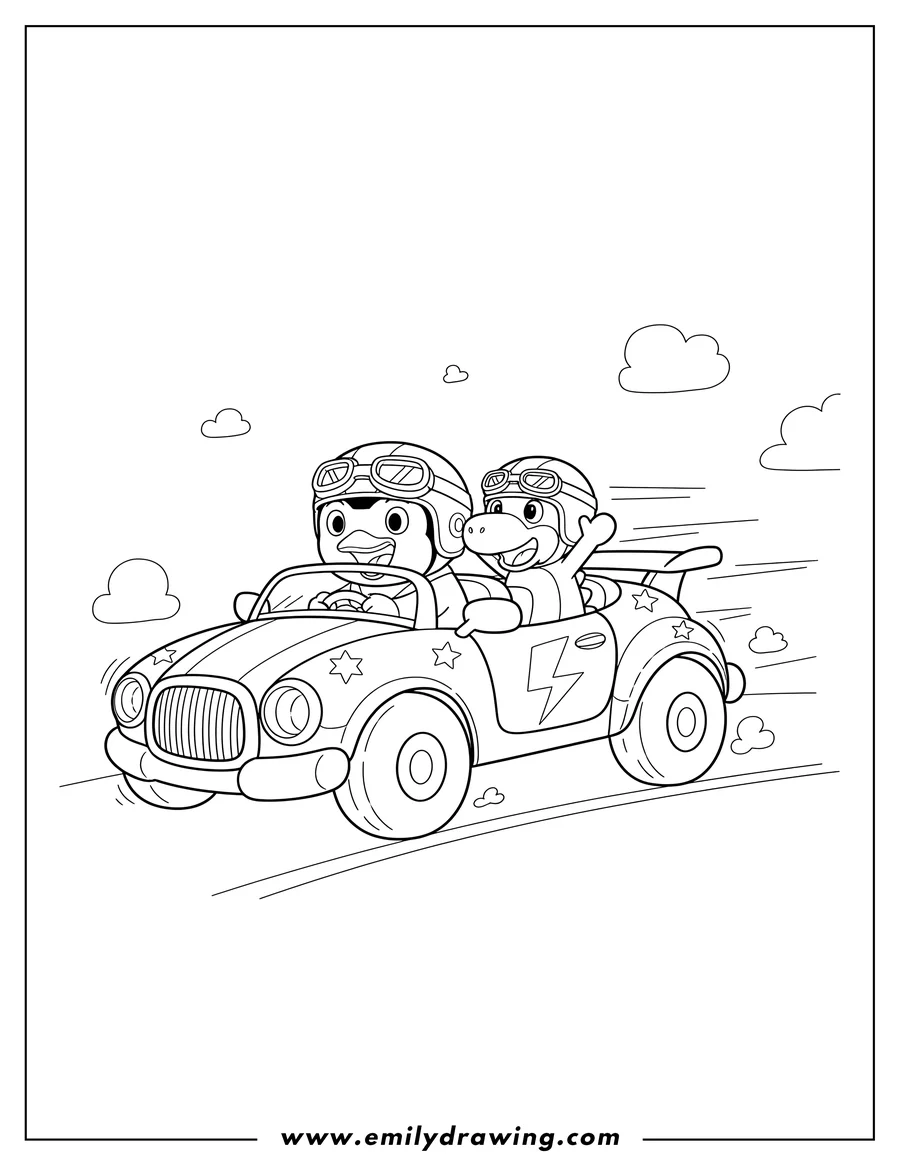 Downloadable coloring page of detailed Pororo and Crong racing their car, wearing helmets and goggles