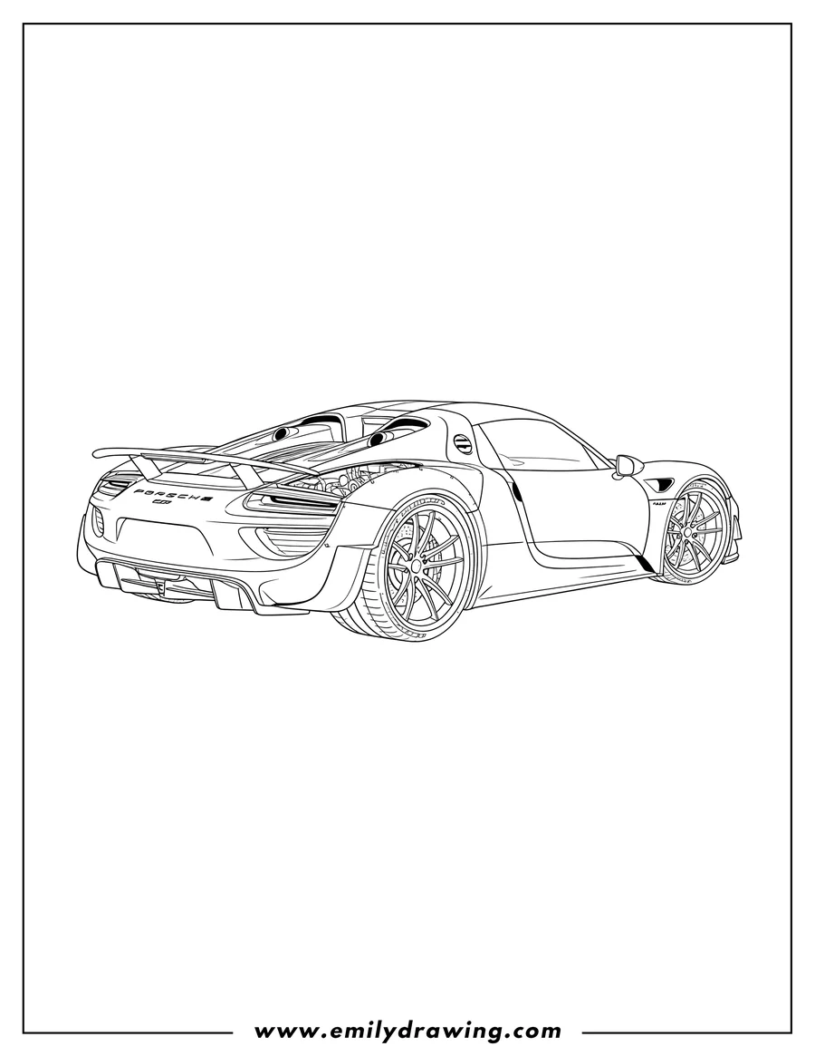Downloadable coloring page of detailed Porsche 918 Spyder Wide, seen from the rear and side, with exposed engine parts