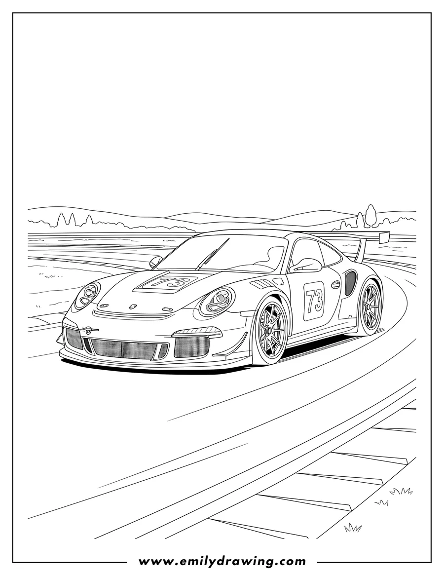 Coloring sheet featuring detailed Porsche Race Car To Color Scaled, on a race track, seen from a front 3/4 view