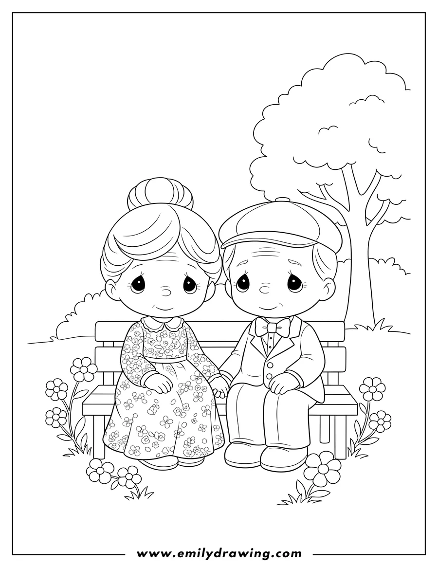 Outline drawing of precious Moments Grandparents sitting together and holding hands