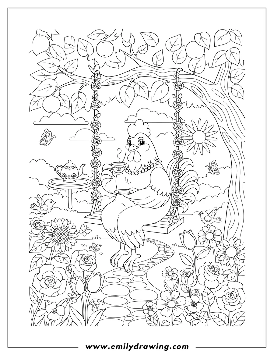 Downloadable coloring page of pretty Chicken on a Swing Enjoying Tea in a Flower Garden