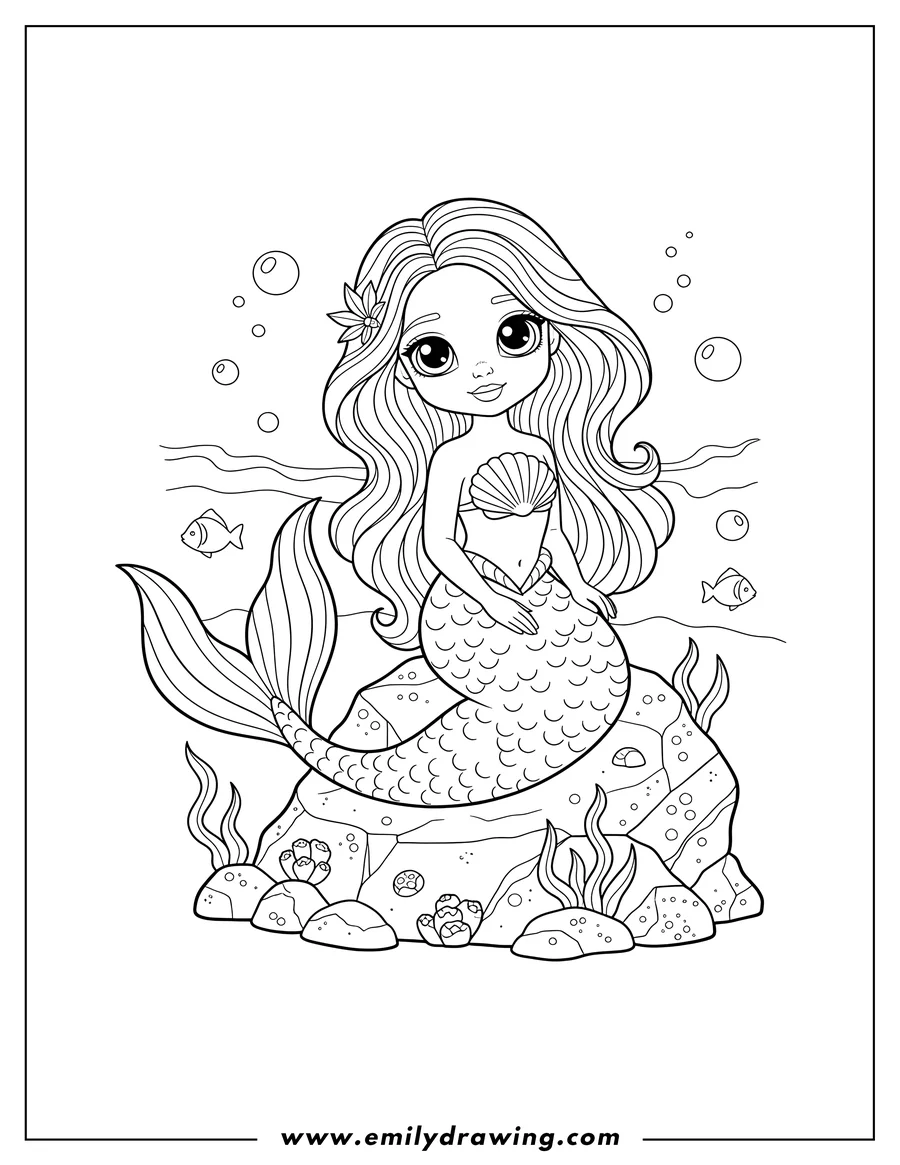 Free to print drawing of pretty Little Mermaid with big eyes and a seashell top, perched on a rock