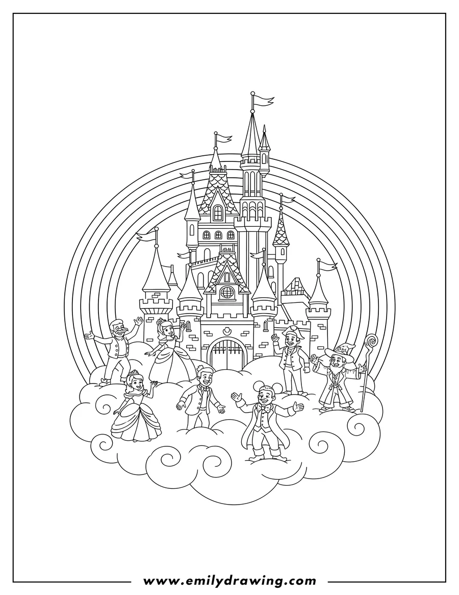 PDF style coloring page: princess Castle Disney Adults, floating on a cloud island, with a rainbow arc behind it