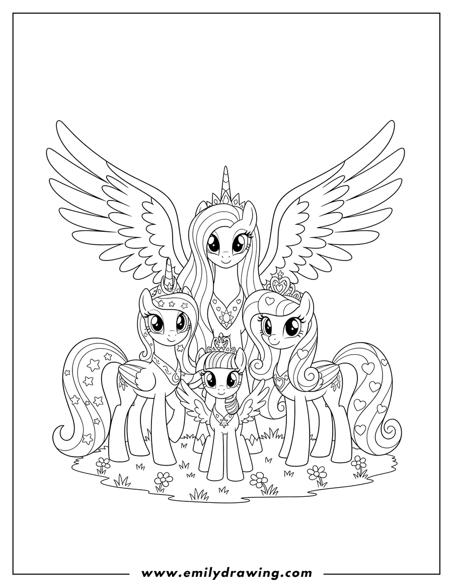 Coloring page for kids: princess Celestia, Luna, Cadence, and Twilight Sparkle as alicorns posing together